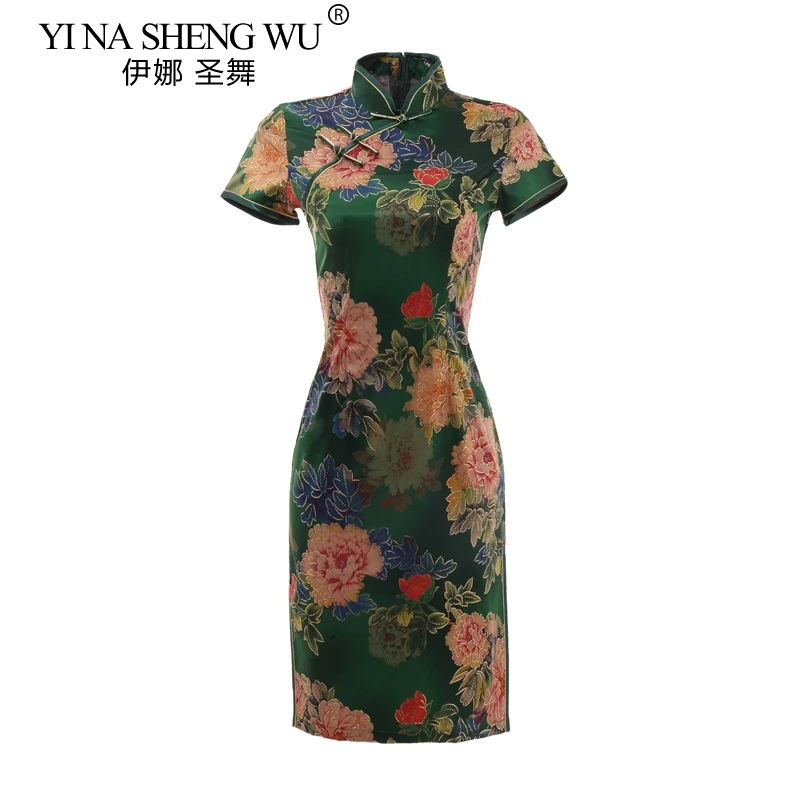 Китайский шелк Чонсам печати короткое платье для женщин Тонкий Мини Qipao банкетное платье Китайский традиционный Ципао парча Чонсам