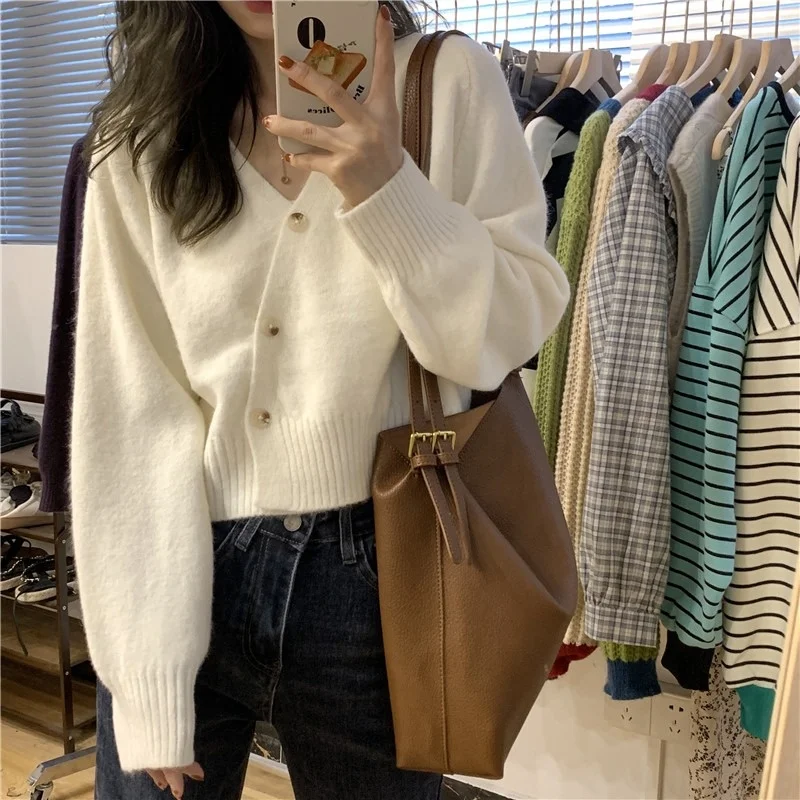 V-neck Loose Short Long Sleeve White Sweater Women's Top 2021 New Lazy Style Knitted Cardigan |