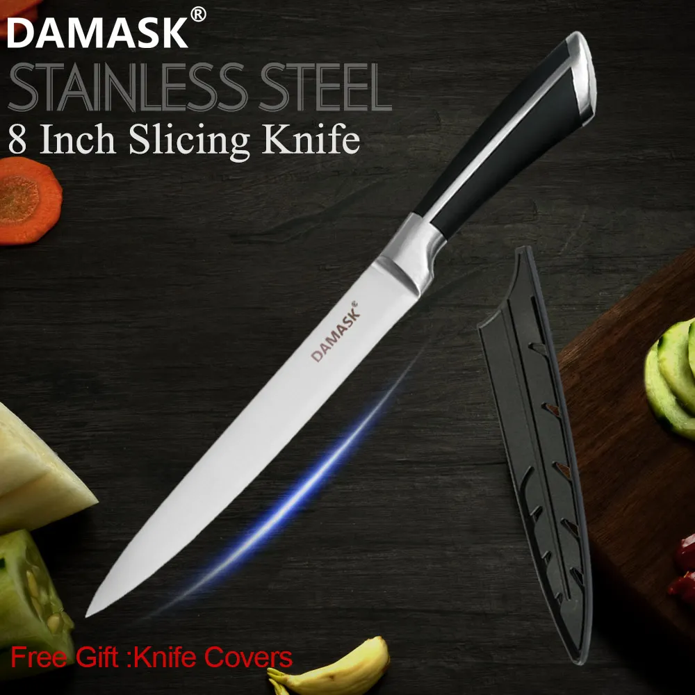 Damask Brand 3Cr14 Stainless Steel Kitchen Knives Set High Quality Kitchen Knife With POM Handle With Free Gift Knife Covers - Цвет: 8 inch Slicing Knife