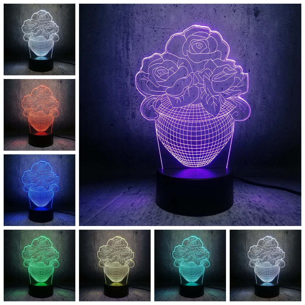 Розовый романтический цветок 3D Led USB Ночник светильник 7 цветов меняющий домашний