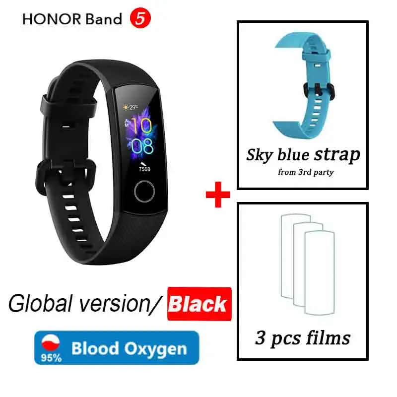 black global skyblue Кровяный кислород honor band 5 Смарт-браслет AMOLED Huawe honor умные часы пульсометр фитнес сон Плавание Спорт трекер - Цвет: black global skyblue