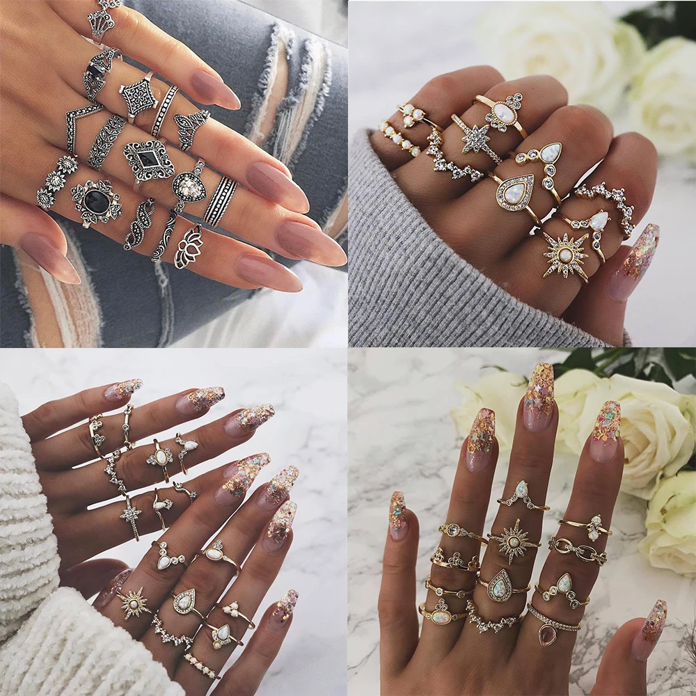

24 Design Gold Color Vintage Rings Set For Women BOHO Charm Knuckle Finger Ring Female Party Fashion Jewelry 2019 Drop Shipping