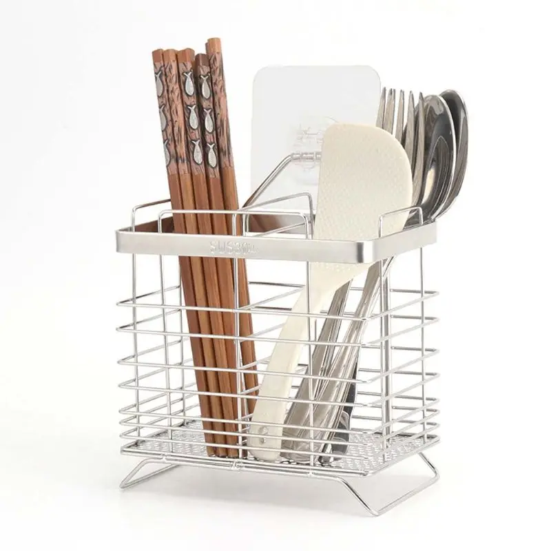 

304 Stainless Steel 2 Compartments Mesh Utensils Drying Rack Chopsticks Drain Basket Flatware Holder Cutlery Organizer Caddy