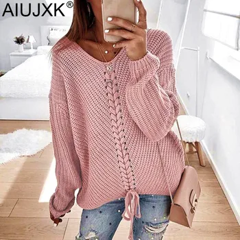 

AIUJXK New Arrival Banage Pullover Women Fashion Casual V Neck Cross Belt Plus Size Sweaters Female Winter Knitwear Jumper Top