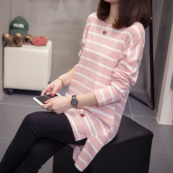

plus size ladies oversized tshirt long sleeve clothes women 2019 autumn winter casual tops long striped T-shirt female A5523