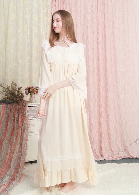 Beige Женская ночная рубашка для сна, хлопковая ночная рубашка, платье принцессы, женские ночные рубашки, кружевная ночная рубашка T575 - Цвет: Beige