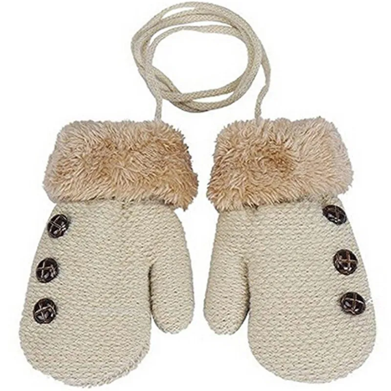 Зимние вязаные перчатки для мальчиков и девочек, теплые перчатки на веревочной веревке, перчатки для детей, перчатки для детей - Цвет: beige