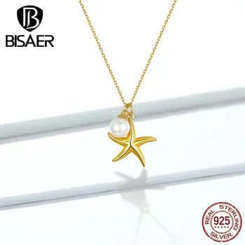 

Starfish Necklaces BISAER 925 Sterling Silver Tropical Starfish Necklaces Women Summer Ocean Love Silver Jewelry Collar EFN106