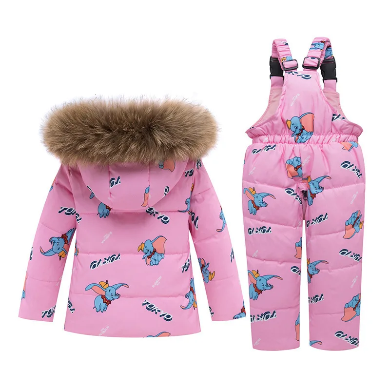 Kids Winter Down Parkas New Girls Ski Suits Cotton Cartoon Thick Warm Hoodies+bib Pants 2pcs Outfits For Boys Children Snowsuit