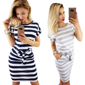 

New Women Summer Striped Slim Fit Pocket Lace-up Short Sleeve Bodycon Mini Dress