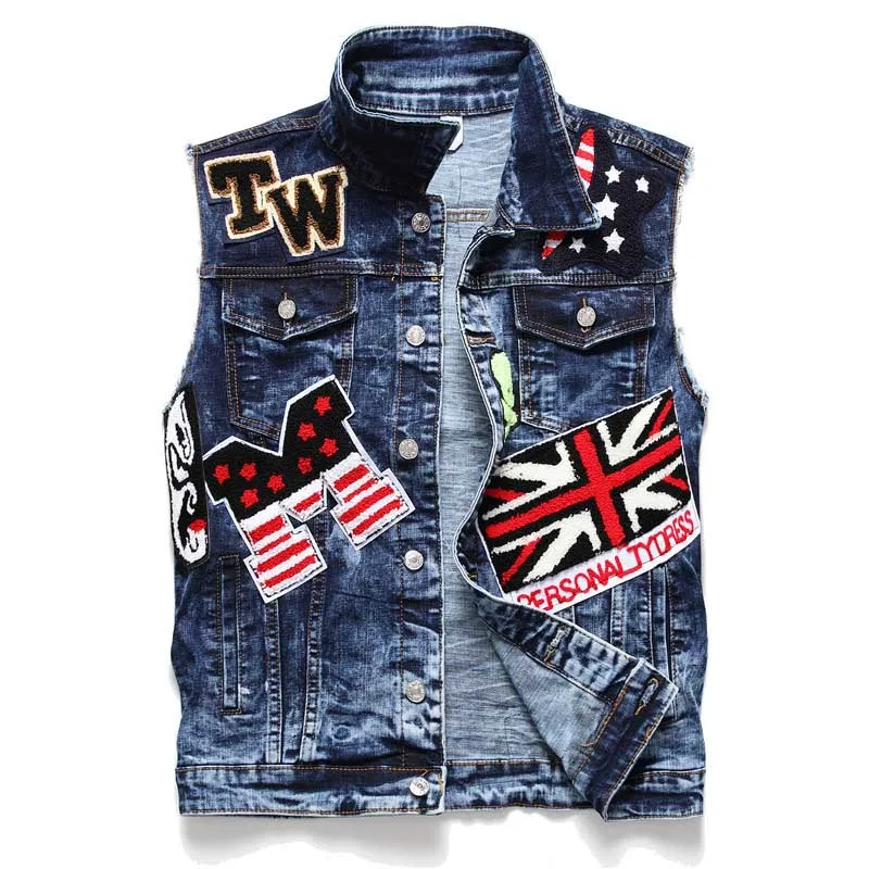 Mcikkny Men's Fashion Hip Hop Denim Vest Letter Pattern Embroidery Jeans Waistcoats For Male Sleeves Jeans Jackets Washed