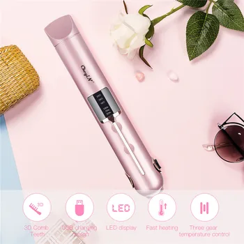 

USB Rechargeble 2 In 1 Ceramic Hair Straightener Brush LED Display Hair Curler Flat Irons Wireless Curling Iron Straightening