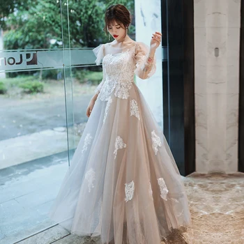 

AE740 Evening Dress Full Appliques Flowers Beautiful Formal Dresses Lantern Sleeve Long Party Gown