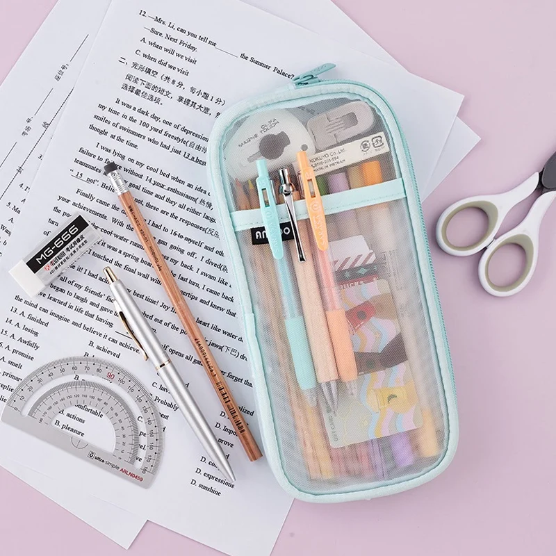 Pencil Cases Transparent Mesh Pencil Case Creative Colored Pen Bag For Students Storage Pouch Stationery School Office Supplies pencil cases