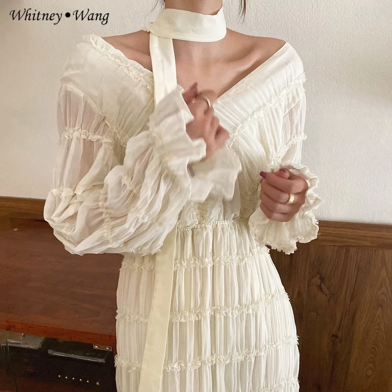 WHITNEY WANG 2020 Весенняя мода уличная одежда корейский стиль v-образный вырез с рюшами