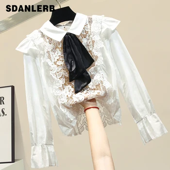 

Bow Long-Sleeve Chiffon Panel Lace Blouse Women's White Shirt Girls Students Sweet Ruffles Blouse Womens Tops and Blouses Tops