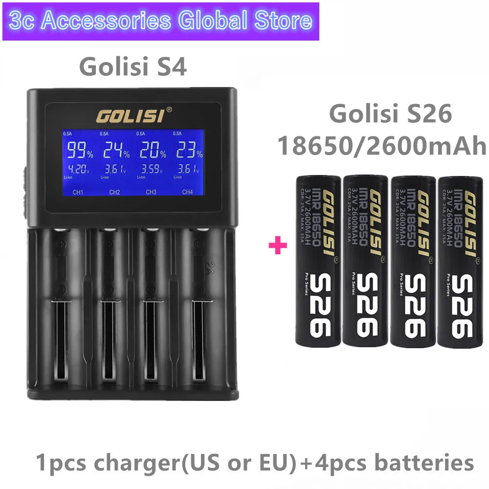 Golisi 4pcs S26 IMR 18650 2600mah 35A E-CIG rechargeable battery for VAPE with S4 Smart Charger LCD Display Fast Charging | Электроника