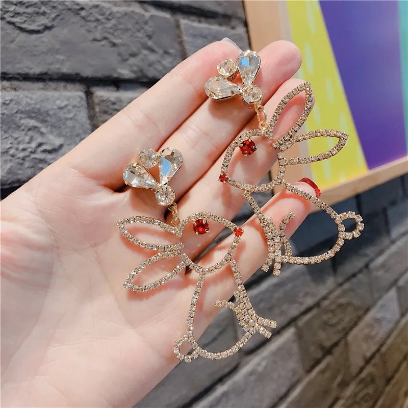 

S925 Needles Delicate Crystal Bunny Rabbit Drop Earrings Women Full Rhinestone Cute Animals Earrings Party Personalized Jewelry