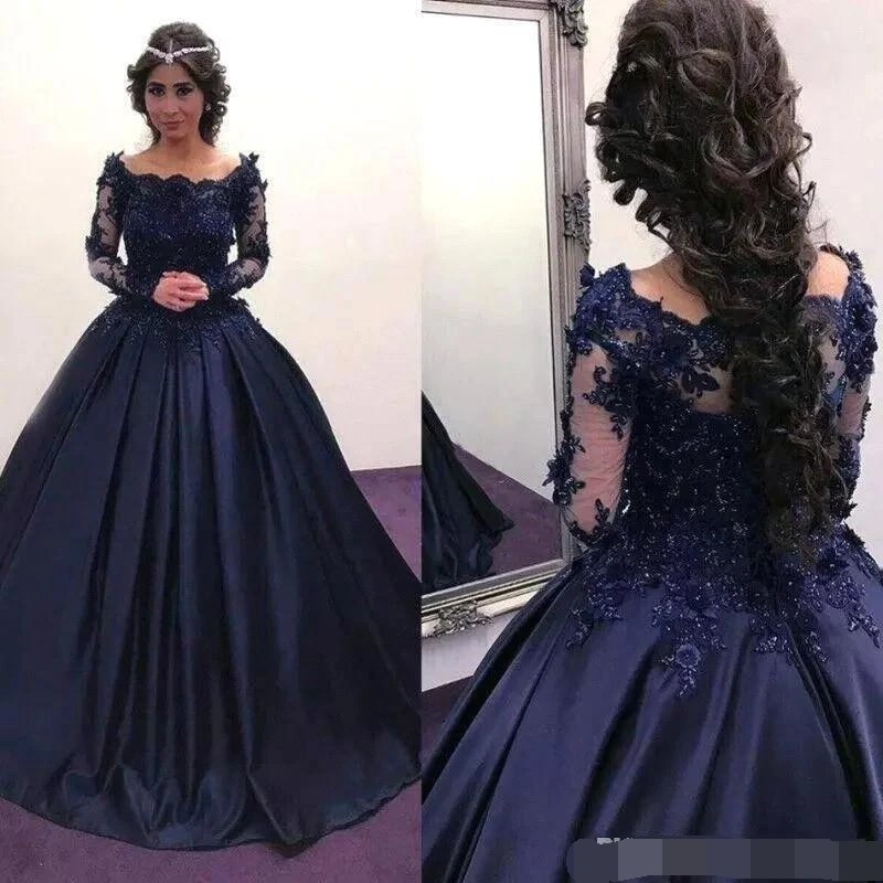 

2018 3D Floral Applique Quinceanera Dresses Navy Blue with Long Illusion Sleeves Beaded Square Neck Ball gown Pageant Prom Dress