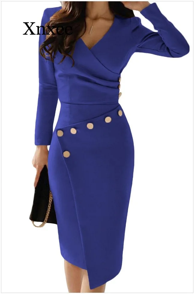 Женское Элегантное повседневное офисное платье для работы, вечерние платья с разрезом, однотонное платье на пуговицах, украшенное бисером, асимметричное платье миди с разрезом - Цвет: Blue 2