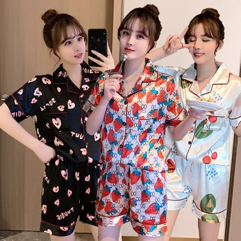 

Summer Cardigan Fold-down Collar Girl'S Short Sleeve Shorts Imitated Silk Fabric Homewear Set Cute Sweet Pajamas