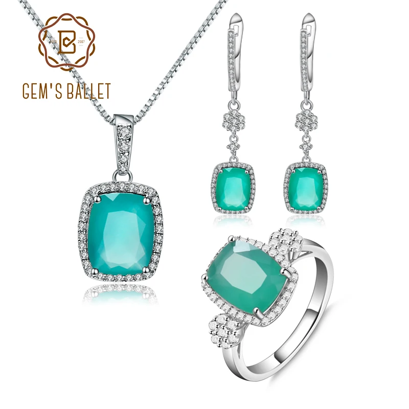 

GEM'S BALLET Natural Green Agate Jewelry Set 925 Sterling Silver Gemstone Earrings Ring Pendant Set For Women Wedding Jewelry