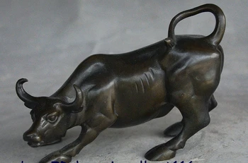 

4" China fengshui animal Bronze Wealth Zodiac Wall Street Bull Ox Cattle Statue