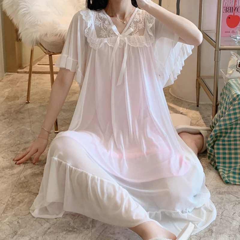Princess Sleepwear Women Lounge Nighty White Pink Vintage