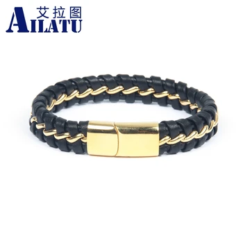 

Stainless Steel Gold Color Chains Genuine Leather Bracelet Magnetic Clasp Fashion Bangles Laser Customizable Name or Logo