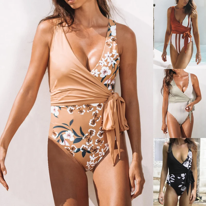 Plus Size Floral Brazilian One Piece Swimsuit Woman Bikini High Cut Striped Bandage Swimwear Thong Backless Monokini Beachwear