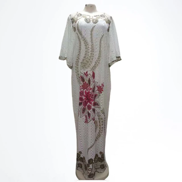 MD 2022 New African Lace Dresses For Women Embroidered Sequin Maxi Robe Muslim Hijab Abayas Ankara Dashiki Kaftan Robe Africaine Rose Red
