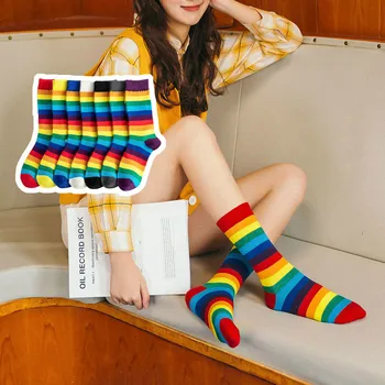 

Spring Autumn Cotton Elasticity Women's Long Socks Luxury Candy Color Rainbow Striped Sporty Casual Retro Harajuku Socks