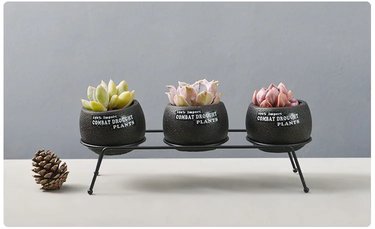 Set of 3 Cement Succulent Planter Pots Round Flower Pot Black Flower Planter with Iron Metal Shelf(3 Pots+ 1 Stand