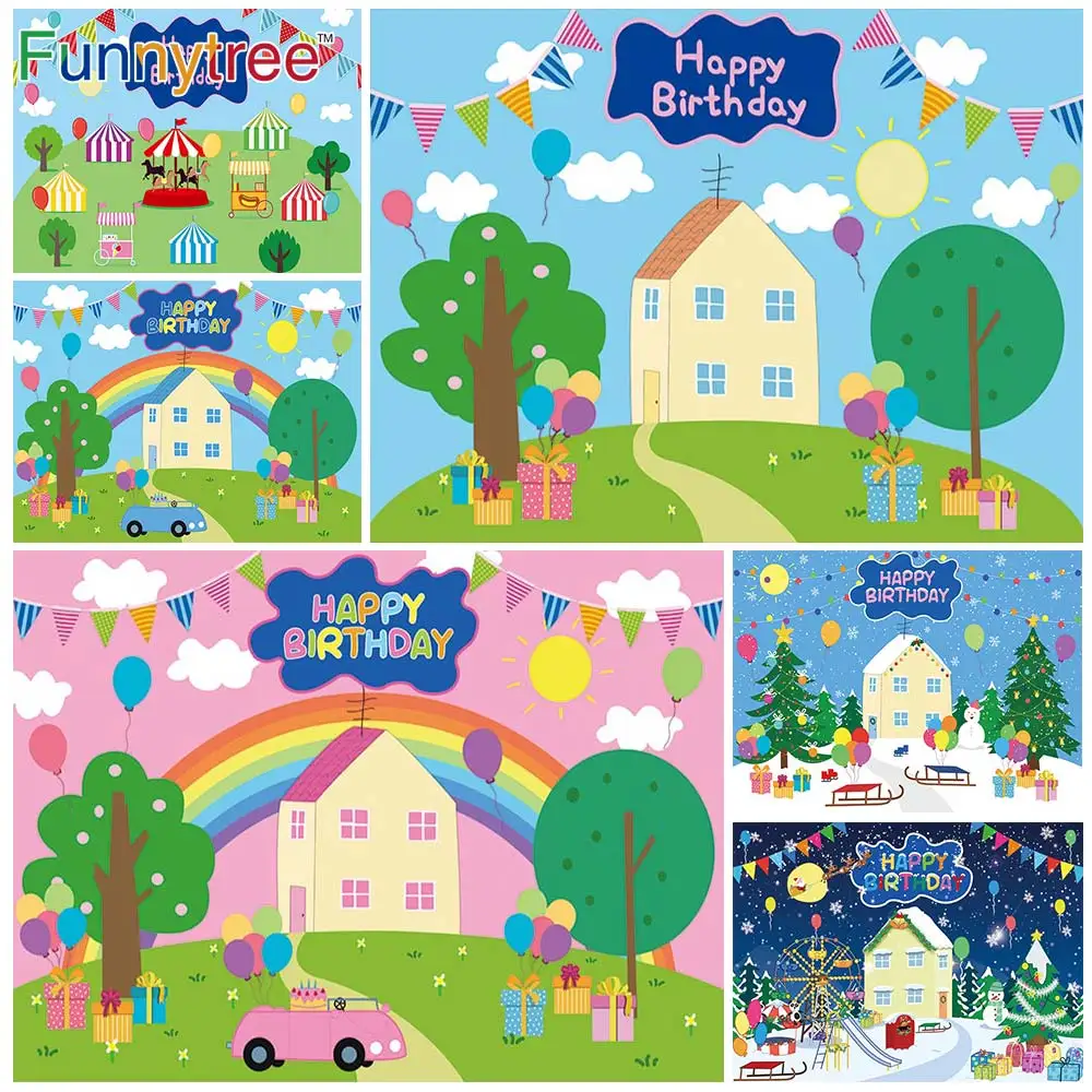 Funnytree Spring 1st Birthday Kid Background Baby Shower Tree Balloon Blue Banner Pig House Backdrop Photozone Photography Vinyl photo backdrop photography auxiliary props