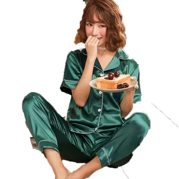 

Summer short sleeve trousers cardigan Lapel imitation silk housewear Pajama Set