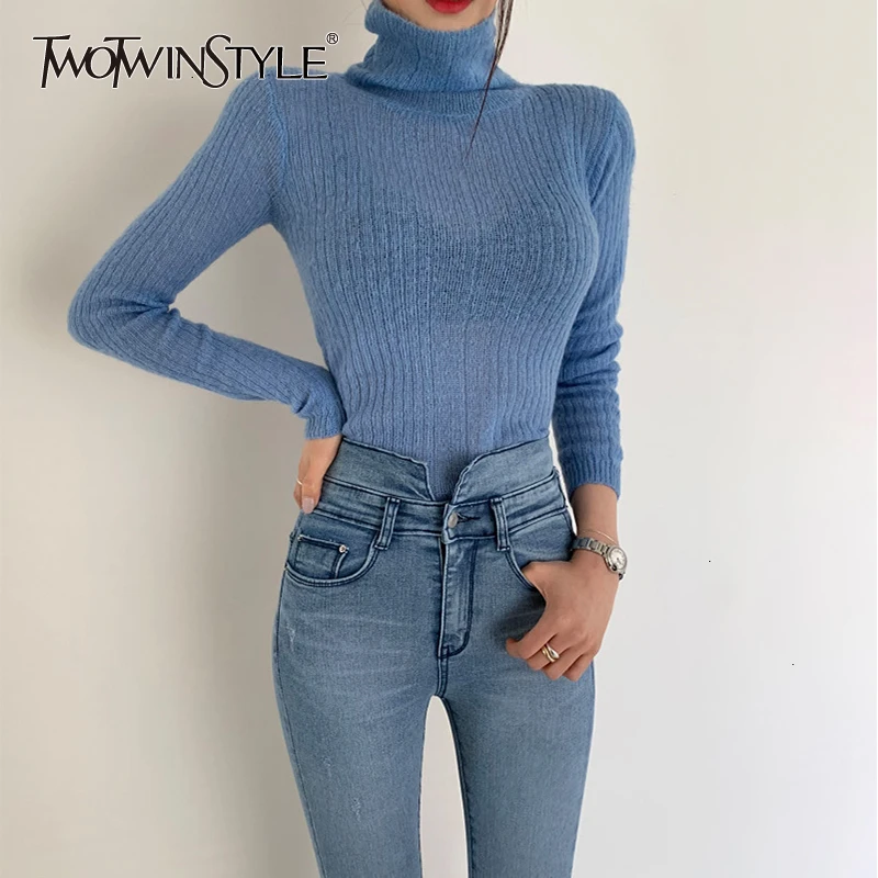 TWOTWINSTYLE White Korean Knitted Sweater For Women Turtleneck Long ...