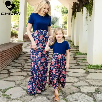 

Chivry New Mother Daughter Dresses Short Sleeve Patchwork Floral Long Maxi Dress Mom and Daughter Dress Family Matching Clothes