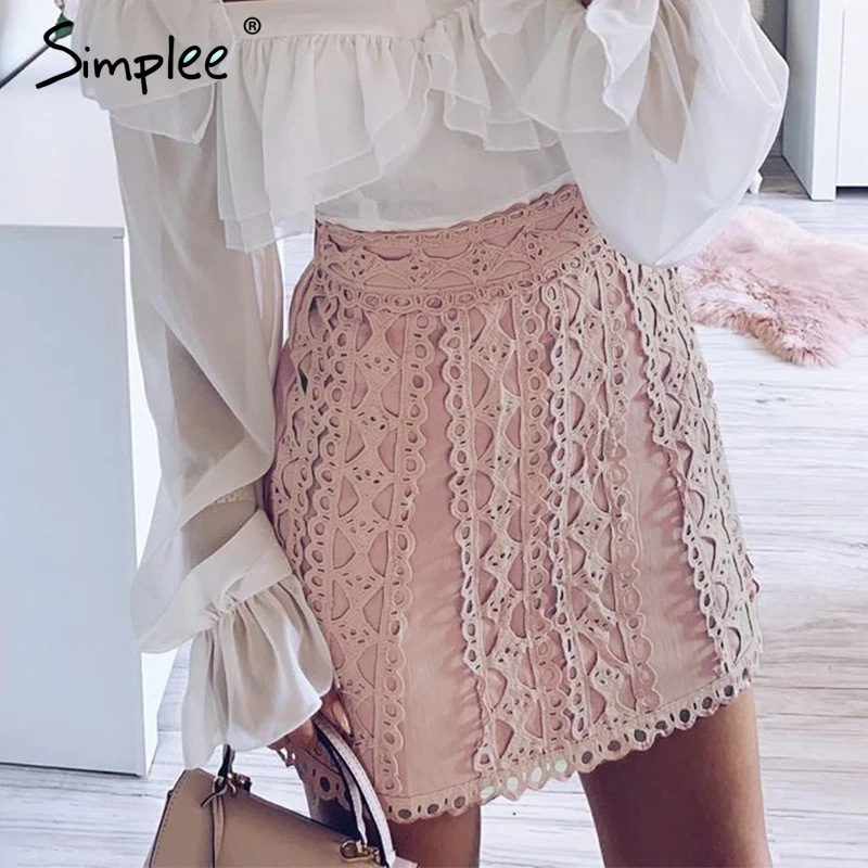 

Simplee A-line lace embroidery women skirt Casual streetwear autumn female short skirt Party club ladies mini pink skirts