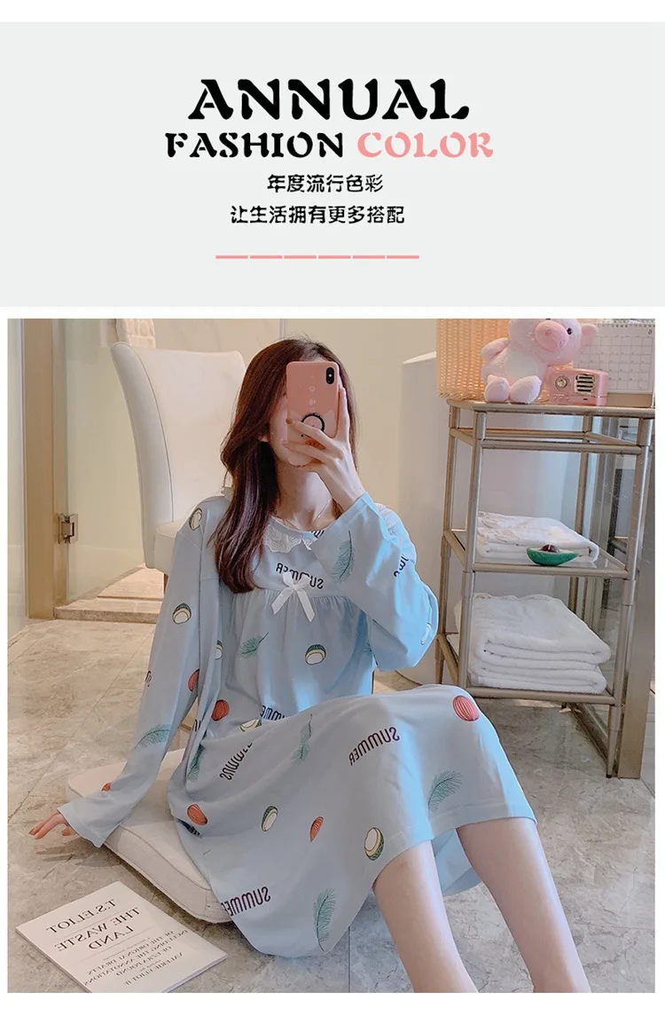 Spring Autumn Casual Plaid Cotton Nightgowns for Women Long Sleeve Loose Night Dress Home Dress Sleepwear Nightdress Nighty