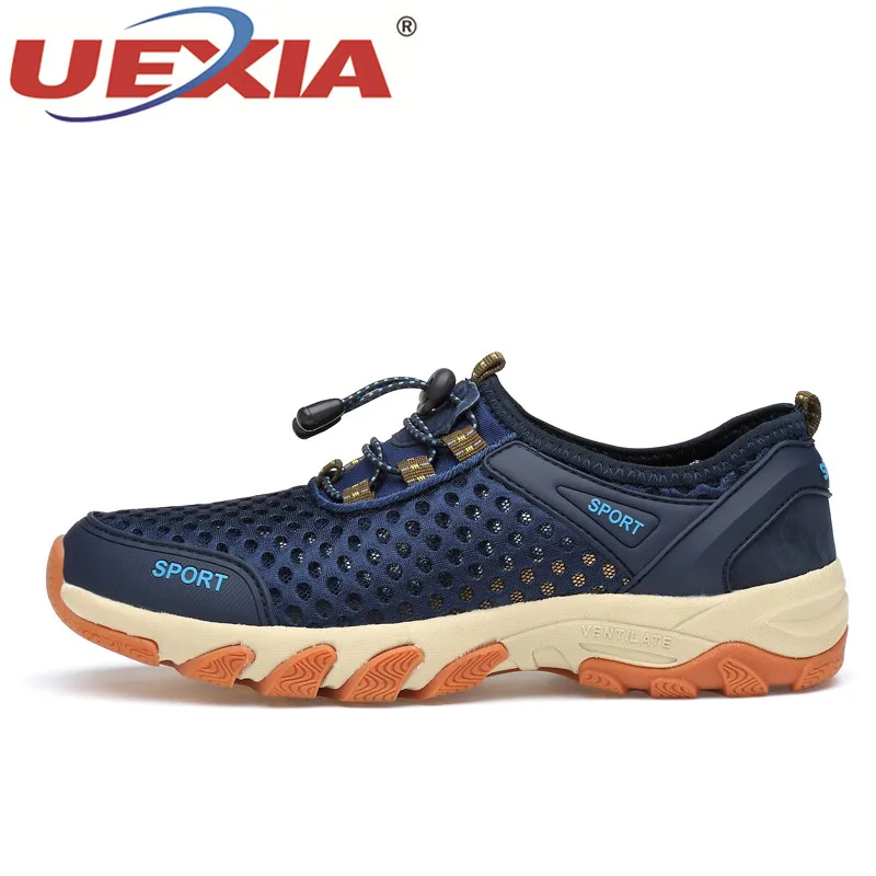 UEXIA Comfortable Men's Shoes Summer Walking Handmade Breathable Mesh Outdoor Sneakers For Spring Flats Comfortable Casual Shoe - Цвет: blue