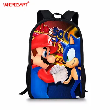 

WHEREISART Children Anime Design School Shoulder Bag for Teen Boys Kids Mario&Sonic Brother High Quality School Large Backpacks