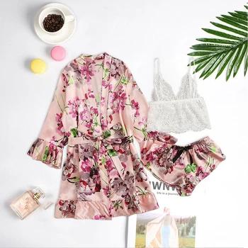 

3/2pcs Pijama Women Pajamas Sets Sexy Lace Bralette Shorts Bathrobe Nightwear Sleepwear Suits Satin Pajamas For Women Pijamas