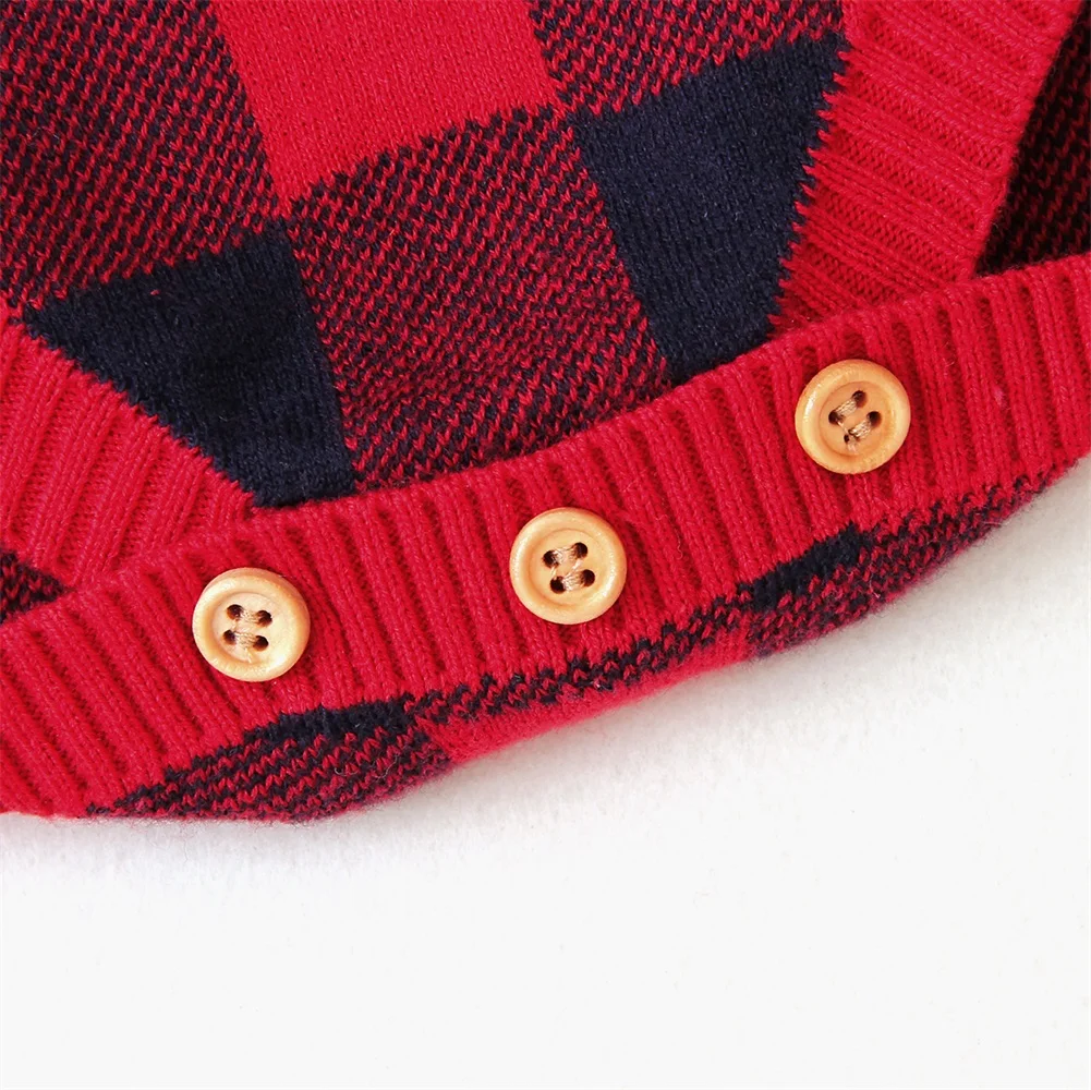 Newborn Baby Girl Boy Knit Bodysuit Christmas Red Plaid Xmas Deer Long Sleeve Jumpsuit 0-18 Months