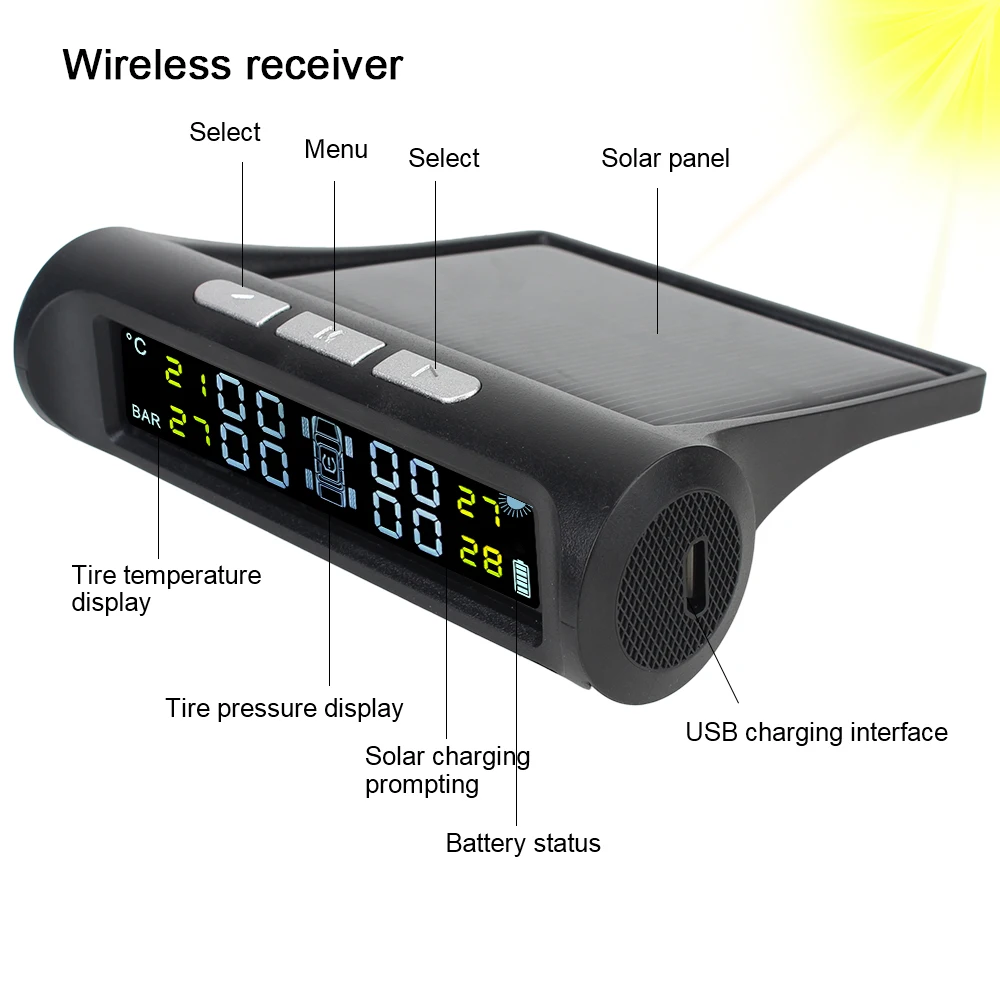 타이어 압력 모니터링 시스템, 범용 태양광 TPMS, 자동차 액세서리, 디지털 LCD 디스플레이, 4 개의 외부 센서
