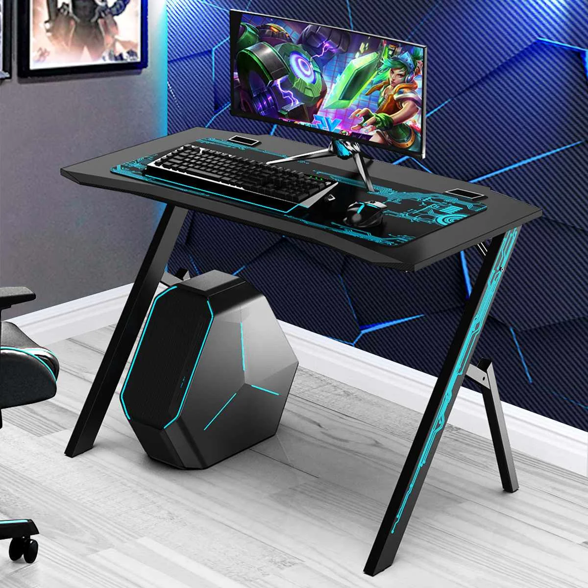43.3'' Carbon Fiber Surface Gaming Office Computer Desk Gamer Table W/ Mouse Pad 