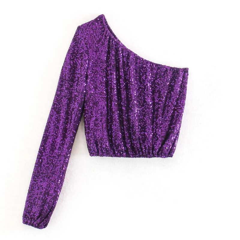 ZOEPO Asymmetrical Collar Solid Tshirts Women Fashion Sequined Short Tops Women Elegant Long Sleeve Tees Female Ladies LF - Цвет: XNTE3399