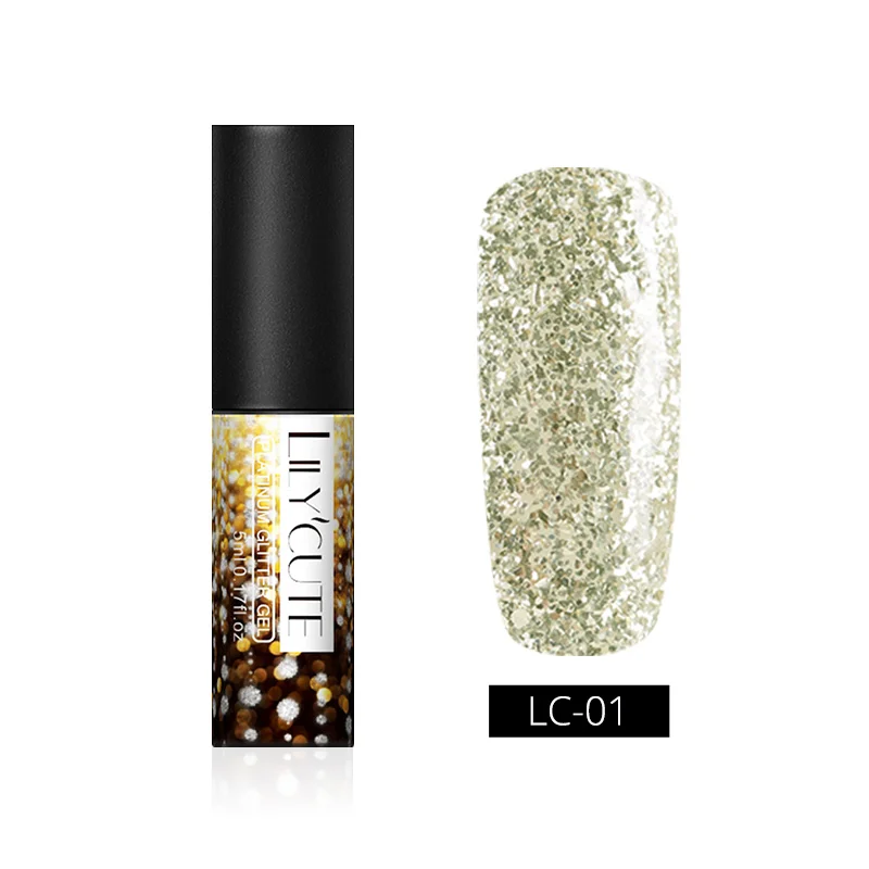 Gold LC-01 LILYCUTE косметика парфюмерия диспенсер 5 мл Платиновый Гель-лак со сверкающими блёстками розы цвета: золотистый, серебристый! полупостоянная био-Гели Soak Off УФ гель для ногтей лак для ногтей, гель - Цвет: Gold LC-01