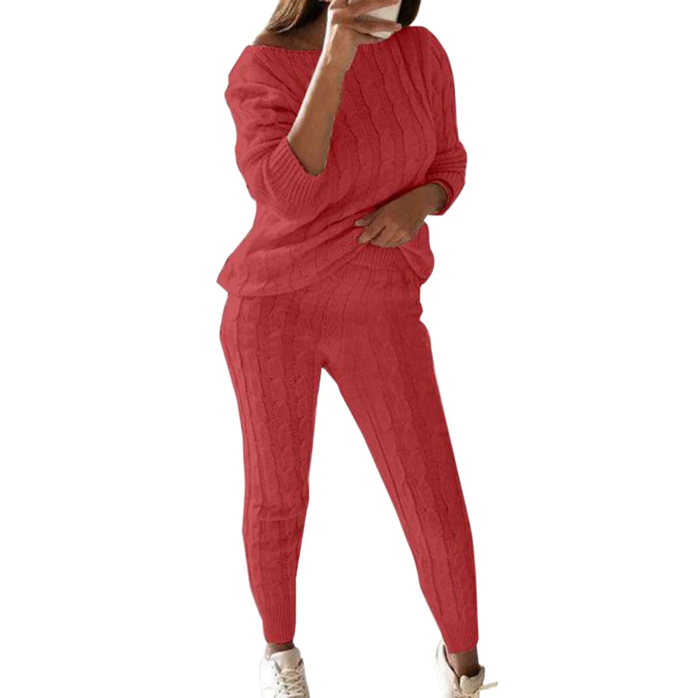 Litthing, Осенний женский свитер, набор, женские теплые вязаные комплекты, круглый вырез, однотонный вязаный свитер и длинные штаны, набор, наряды для женщин - Цвет: red1