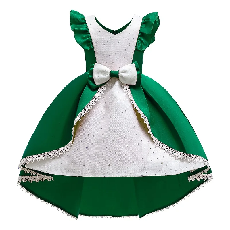 Рождественские новогодние платья для девочек; кружевные платья принцессы в горошек с рукавами-крылышками для девочек; детская праздничная одежда с бантом и шлейфом - Цвет: green