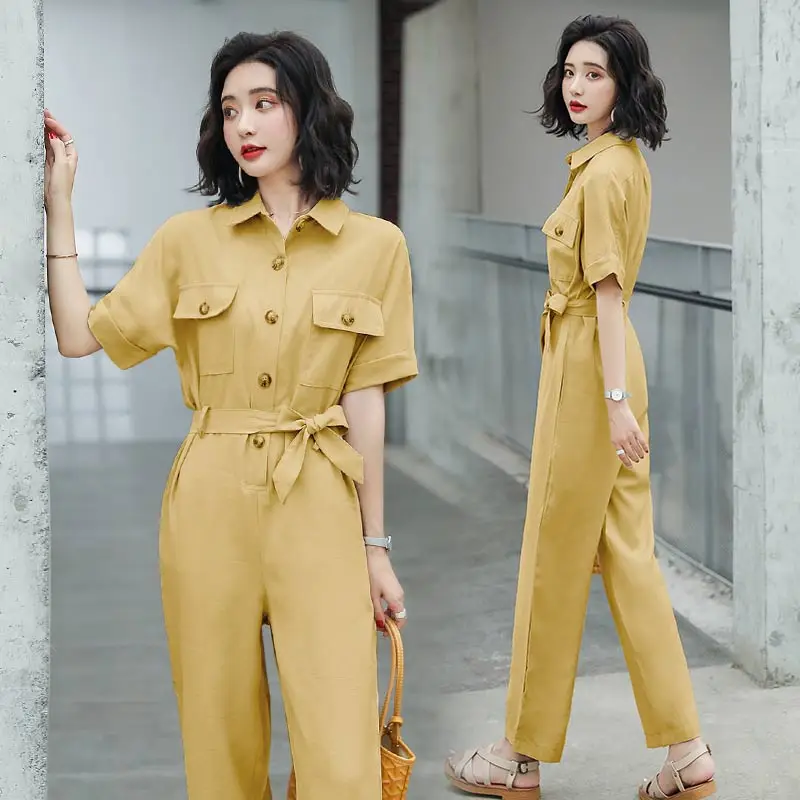 

Chic Women Solid Color Fashion Yellow Playsuits 2020 Summer Vintage Short Sleeve High Waist with Belt Cargo Jumpsuit Femme